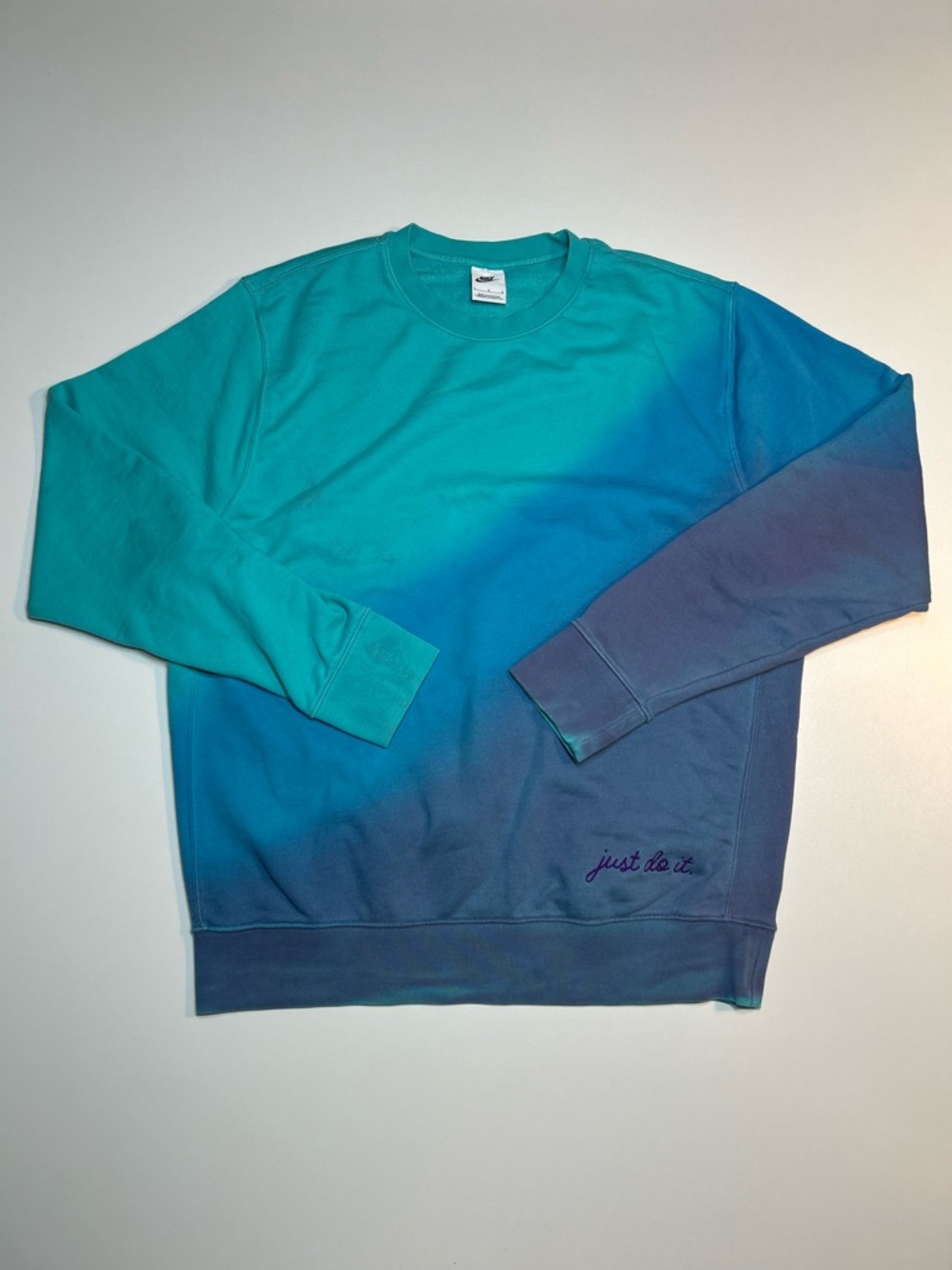 Nike Sportswear Club French Terry Crewneck Sweatshirt Ombre Dip Dye Teal Blue